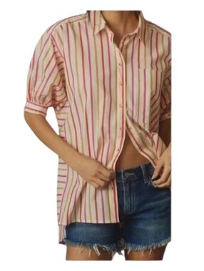 Anthropologie Pilcro Oversized Striped Buttondown Shirt Red White Pink Small S